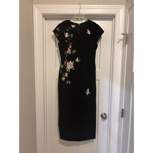 Vintage 90s Y2K Maggy London Embroidered Midi Dress Dark Floral Witchy Size 10 - Picture 1 of 7